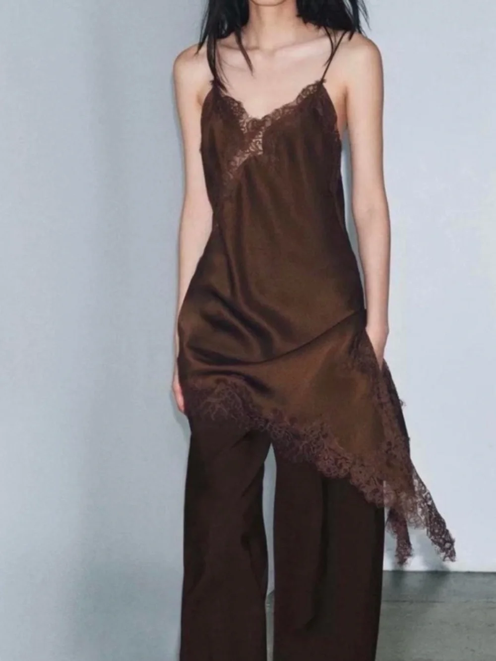 ZARA Satin Effect Chocolate Brown Lace Trim Asymmetric Slip Dress NWT - Picture 10 of 16